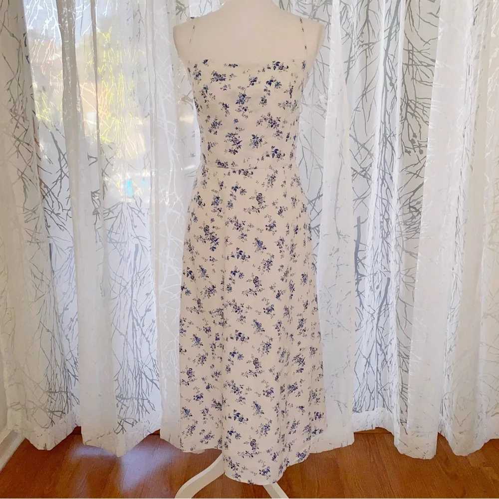 Reformation christen white blue Floral Print square neck tie straps Midi Dress - Picture 1 of 15